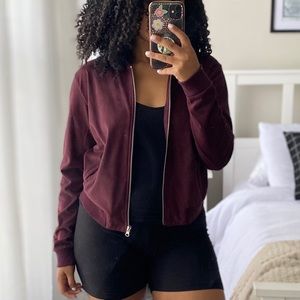 Burgundy Suede Bomber Zip Up Jacket